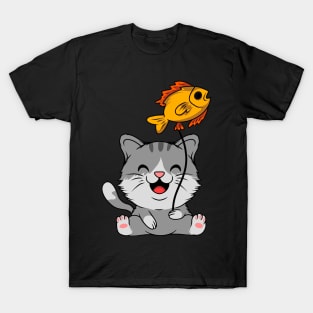 Happy Cat, Fresh Catch: Whimsical Fish Hook Wall Art T-Shirt